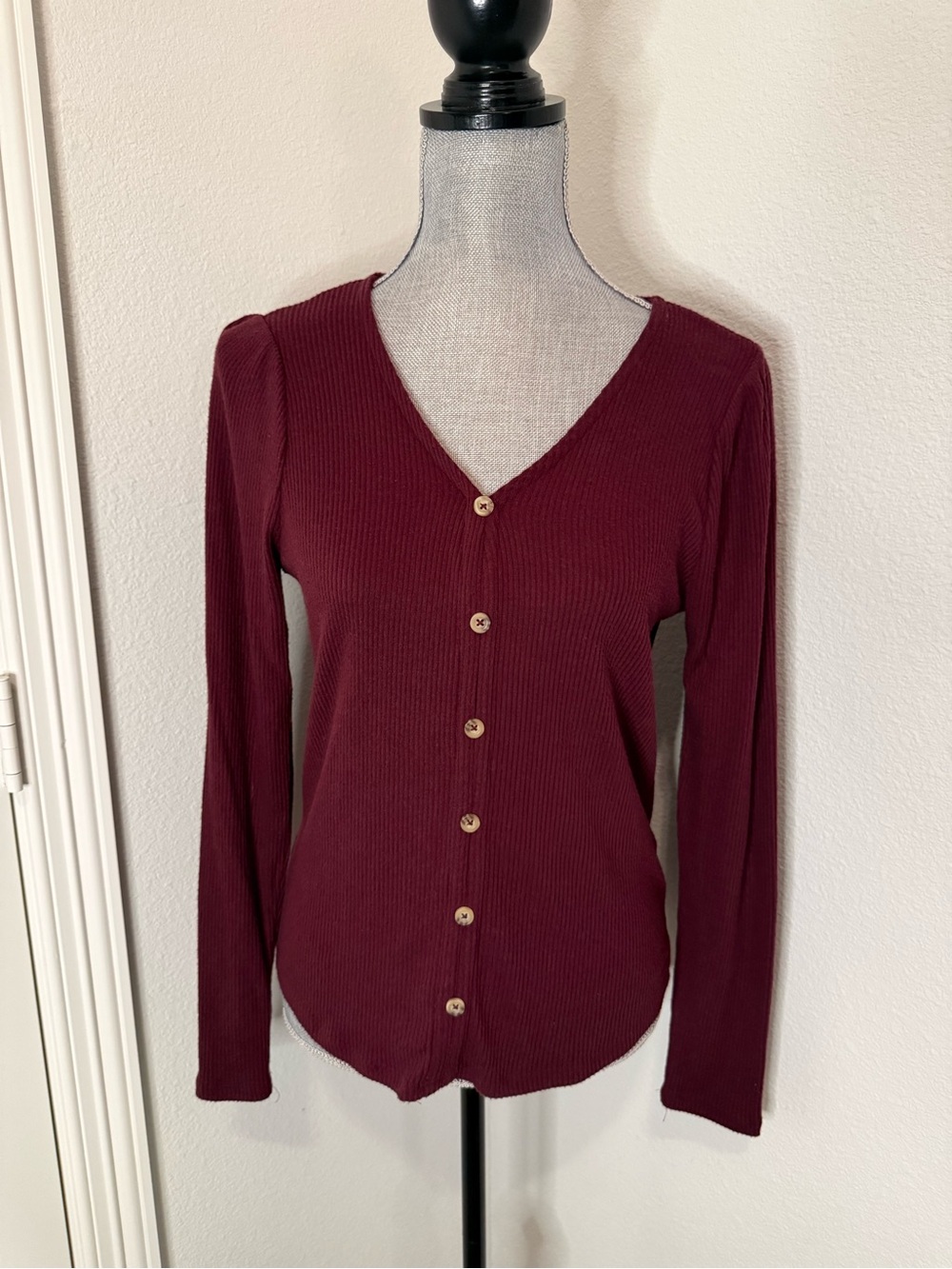 LC Lauren Conrad Burgundy Ribbed V-Neck Button Down Top